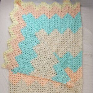 Handmade Crochet Afghan Throw Blanket Pastel Yellow/Pink/Blue/ White Thick 44x44
